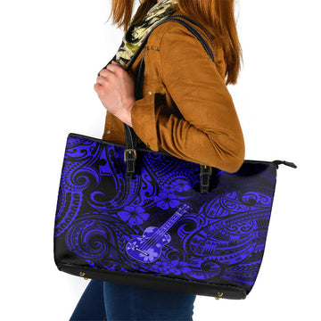 Hawaii Ukulele Leather Tote Bag Polynesian Pattern Navy Blue Version LT01