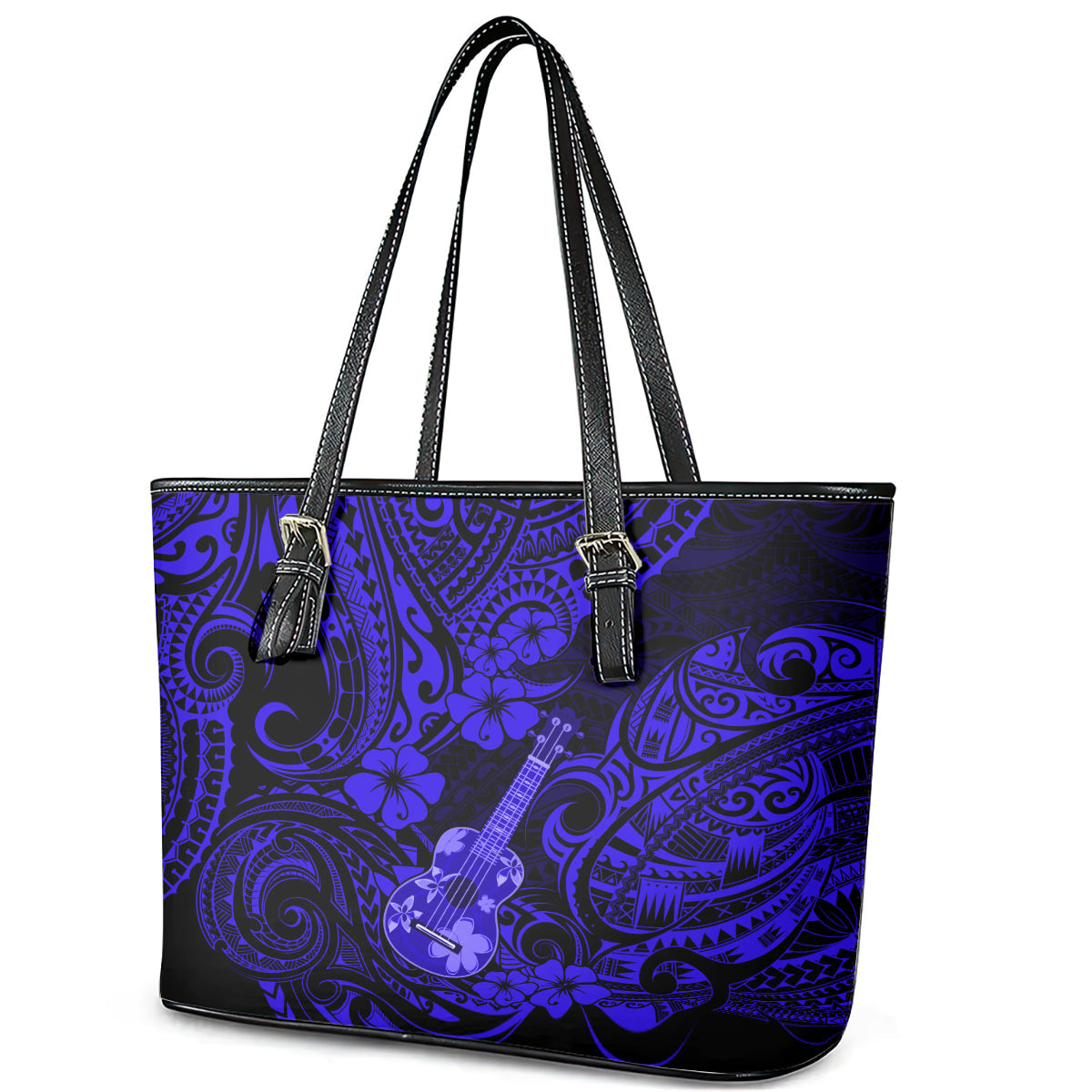 Hawaii Ukulele Leather Tote Bag Polynesian Pattern Navy Blue Version LT01