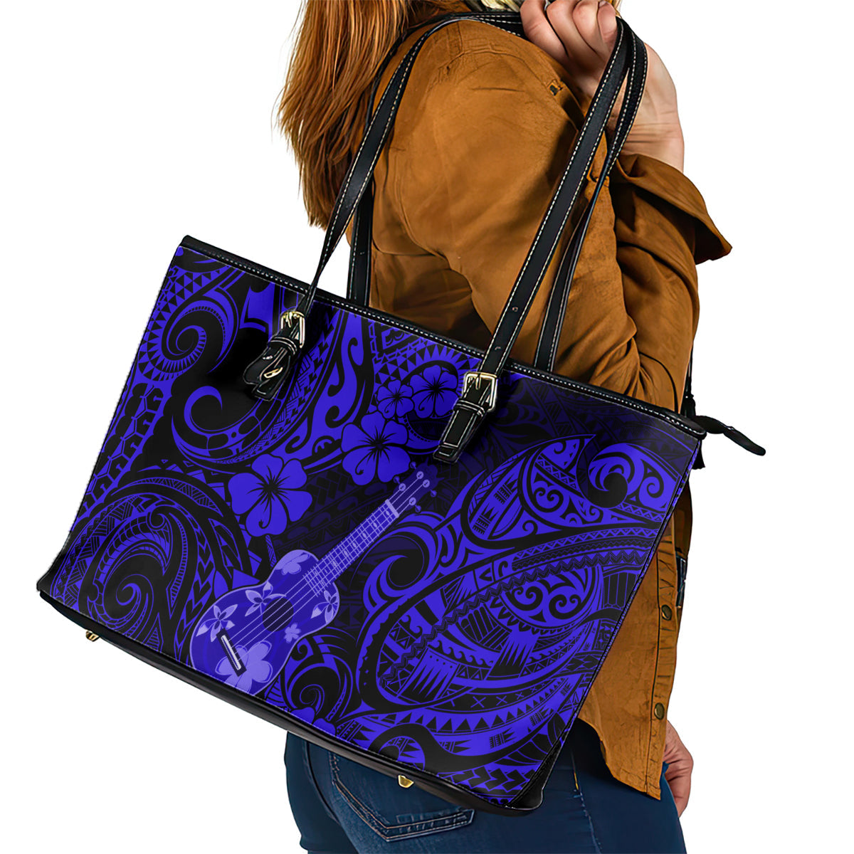 Hawaii Ukulele Leather Tote Bag Polynesian Pattern Navy Blue Version LT01