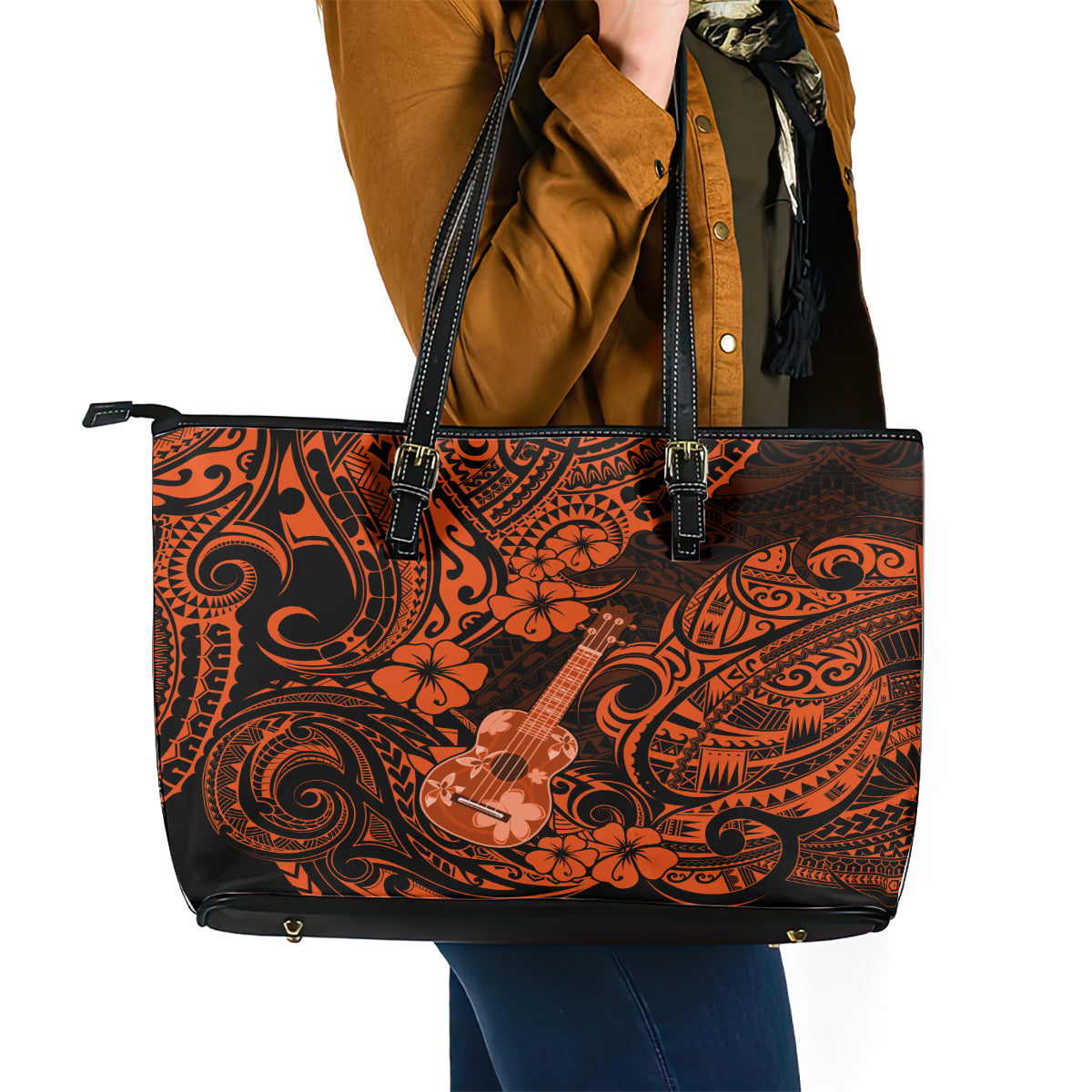 Hawaii Ukulele Leather Tote Bag Polynesian Pattern Orange Version LT01