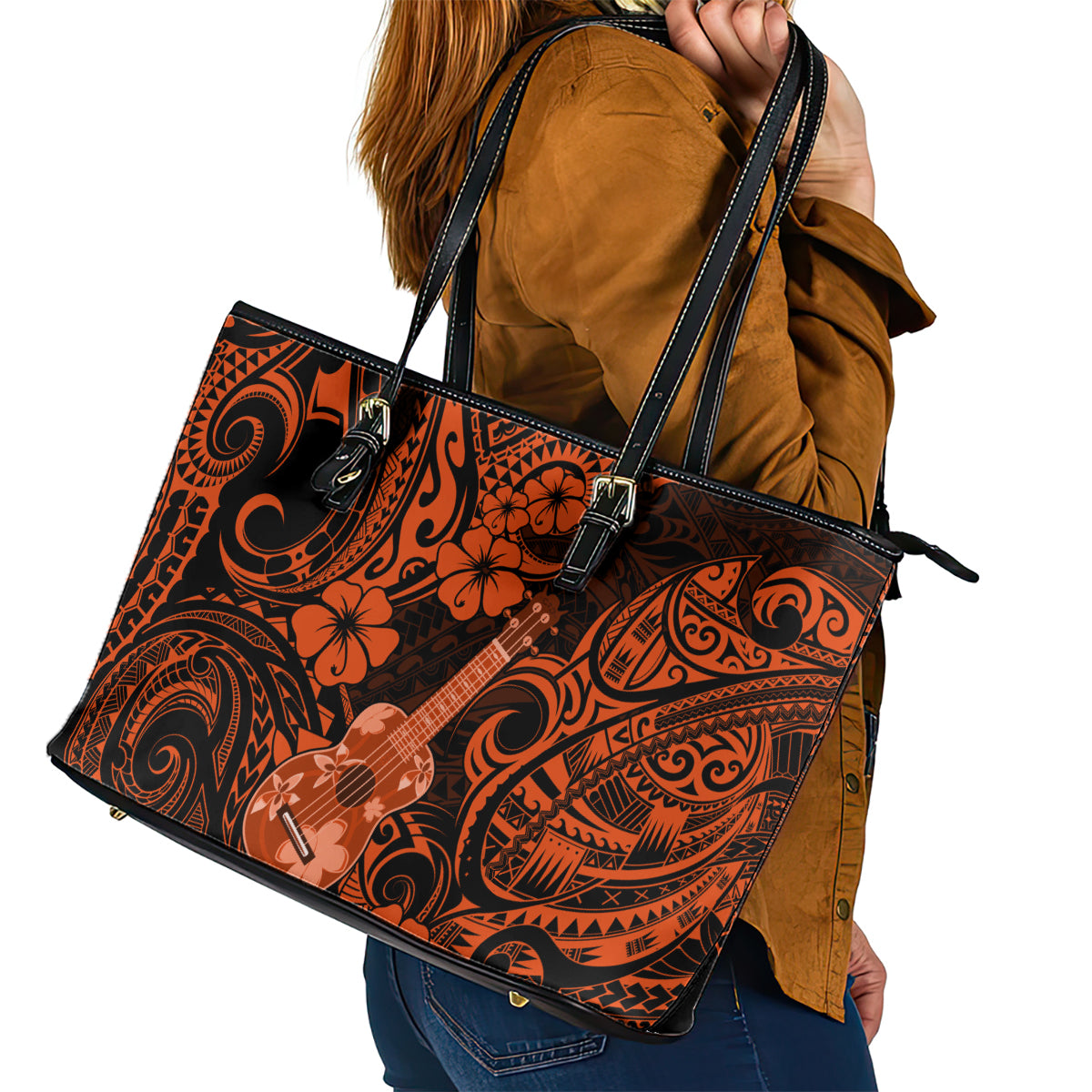 Hawaii Ukulele Leather Tote Bag Polynesian Pattern Orange Version LT01