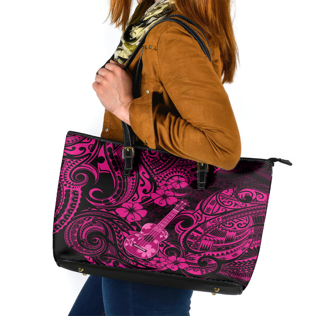 Hawaii Ukulele Leather Tote Bag Polynesian Pattern Pink Version LT01