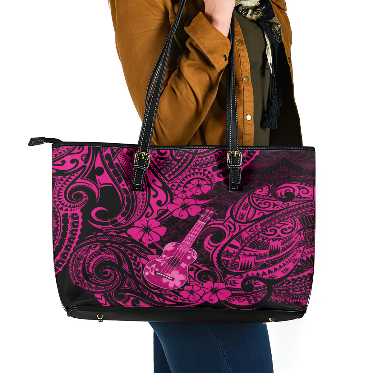 Hawaii Ukulele Leather Tote Bag Polynesian Pattern Pink Version LT01