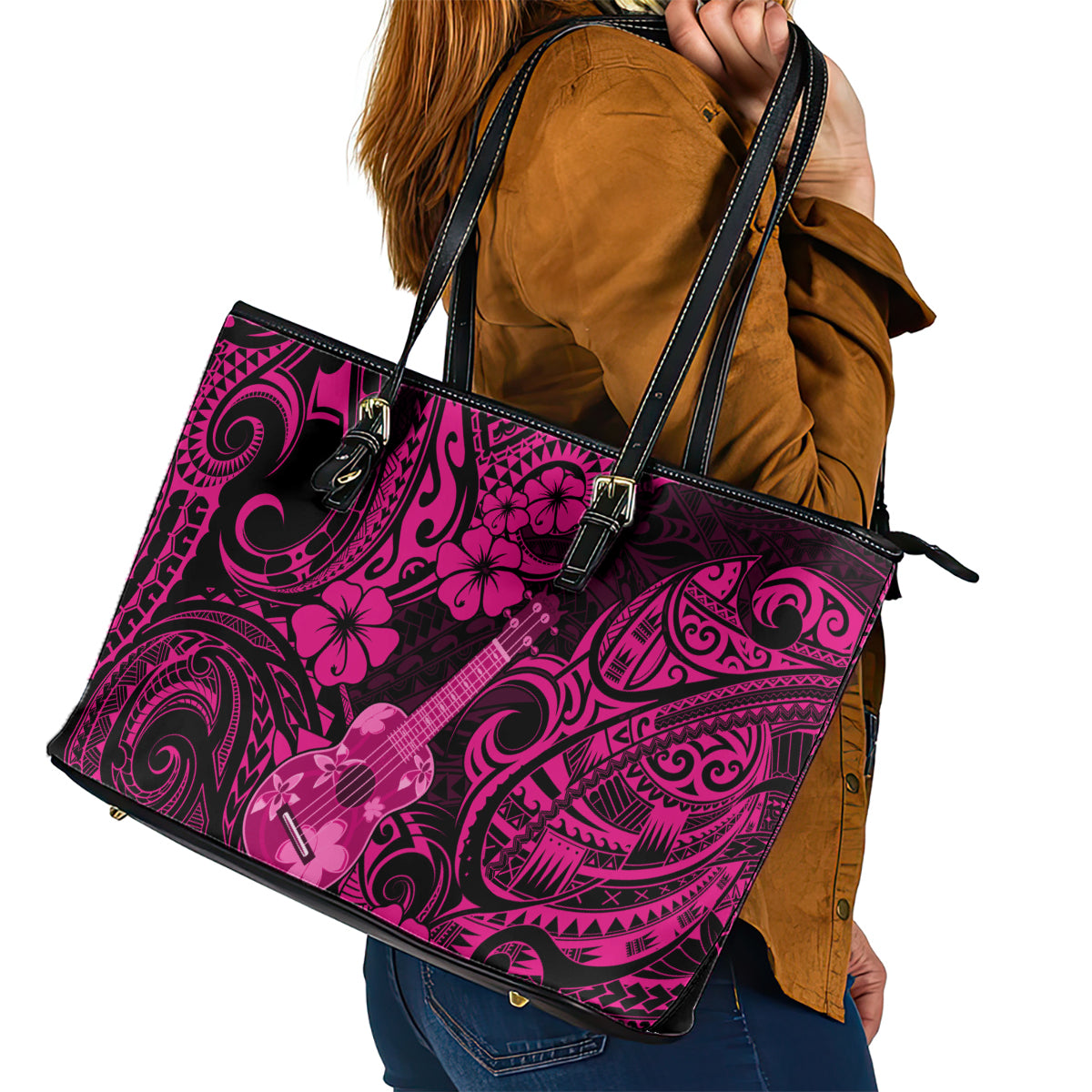 Hawaii Ukulele Leather Tote Bag Polynesian Pattern Pink Version LT01