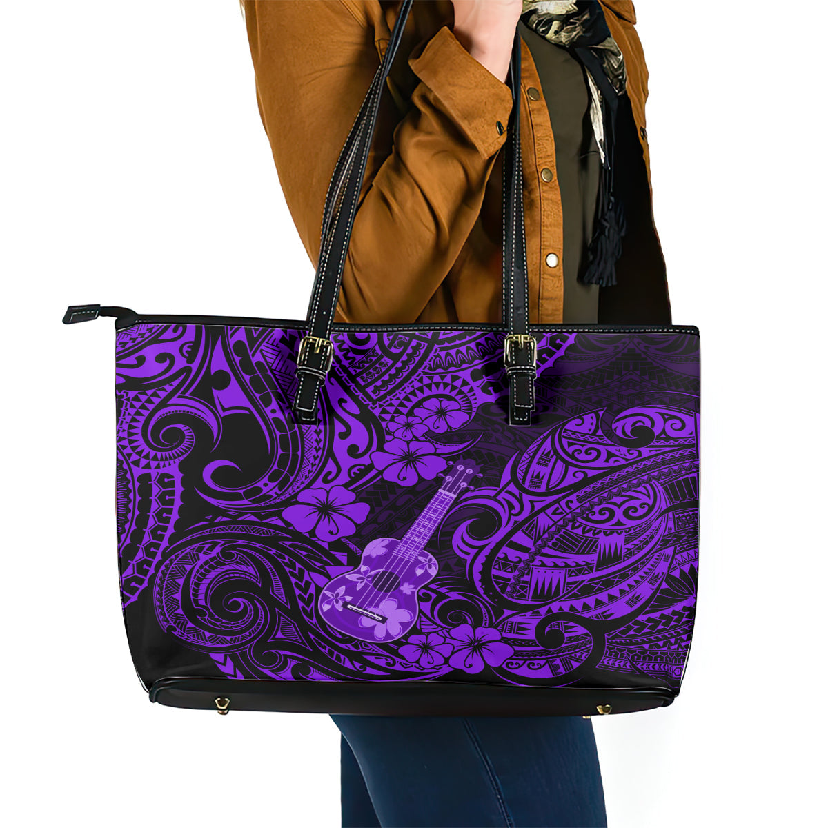 Hawaii Ukulele Leather Tote Bag Polynesian Pattern Purple Version LT01