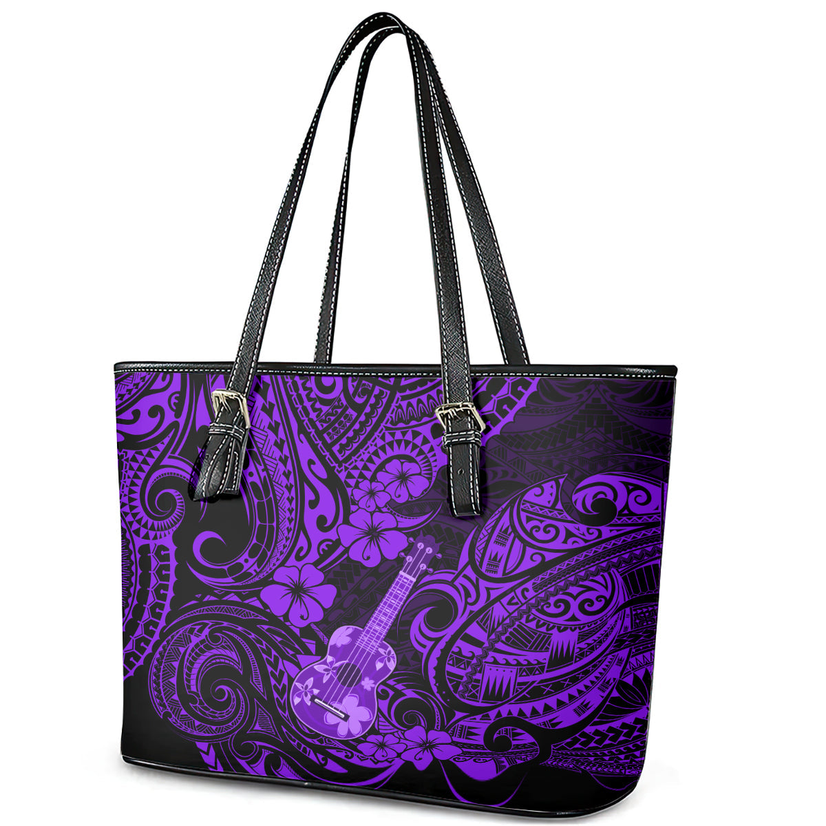 Hawaii Ukulele Leather Tote Bag Polynesian Pattern Purple Version LT01