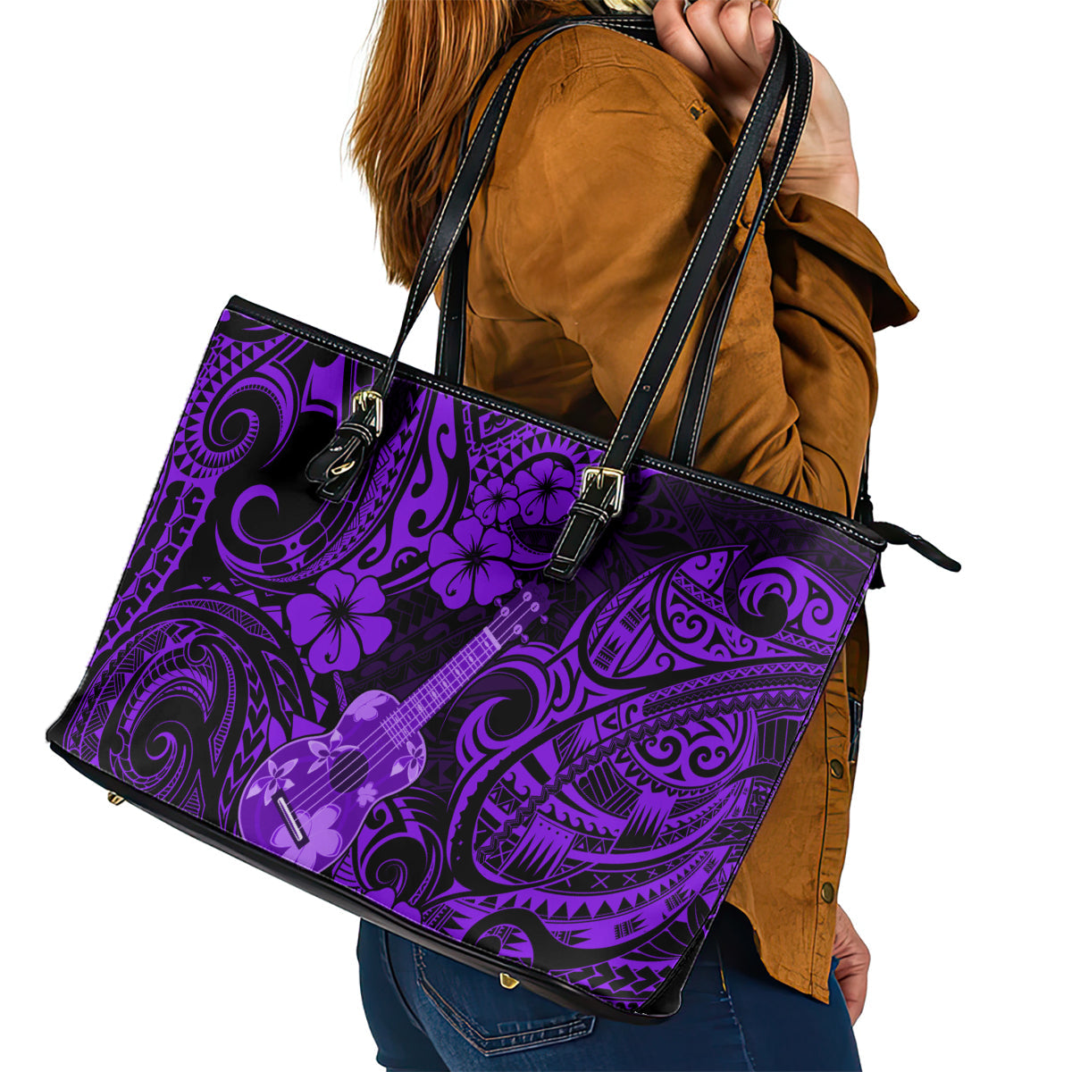Hawaii Ukulele Leather Tote Bag Polynesian Pattern Purple Version LT01