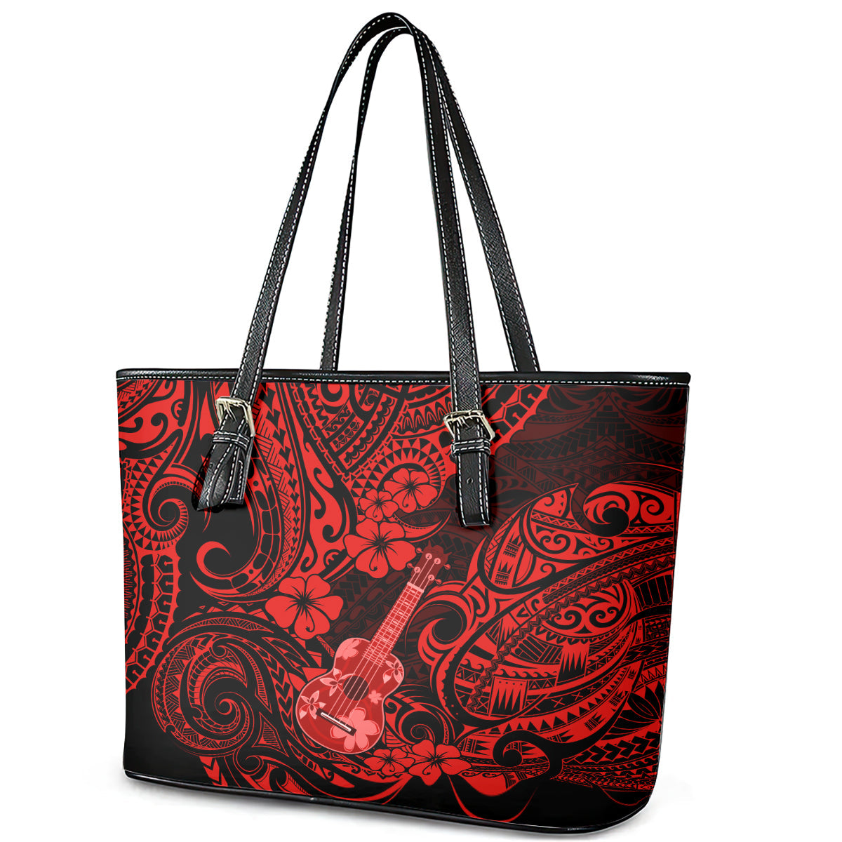 Hawaii Ukulele Leather Tote Bag Polynesian Pattern Red Version LT01