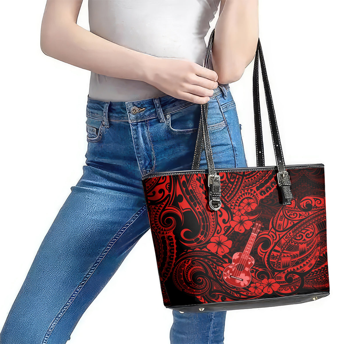 Hawaii Ukulele Leather Tote Bag Polynesian Pattern Red Version LT01