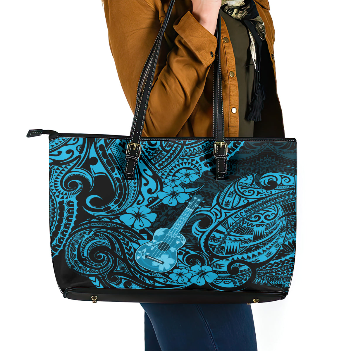 Hawaii Ukulele Leather Tote Bag Polynesian Pattern Sky Blue Version LT01