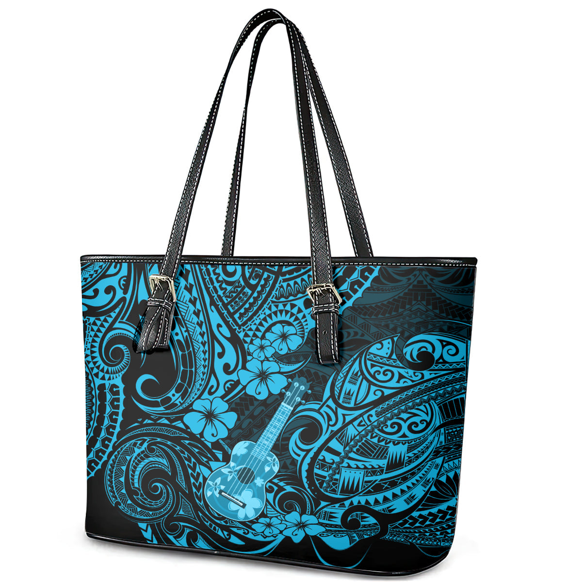 Hawaii Ukulele Leather Tote Bag Polynesian Pattern Sky Blue Version LT01
