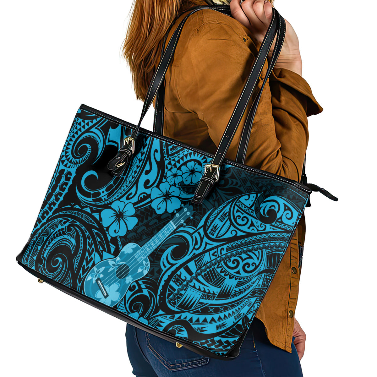 Hawaii Ukulele Leather Tote Bag Polynesian Pattern Sky Blue Version LT01