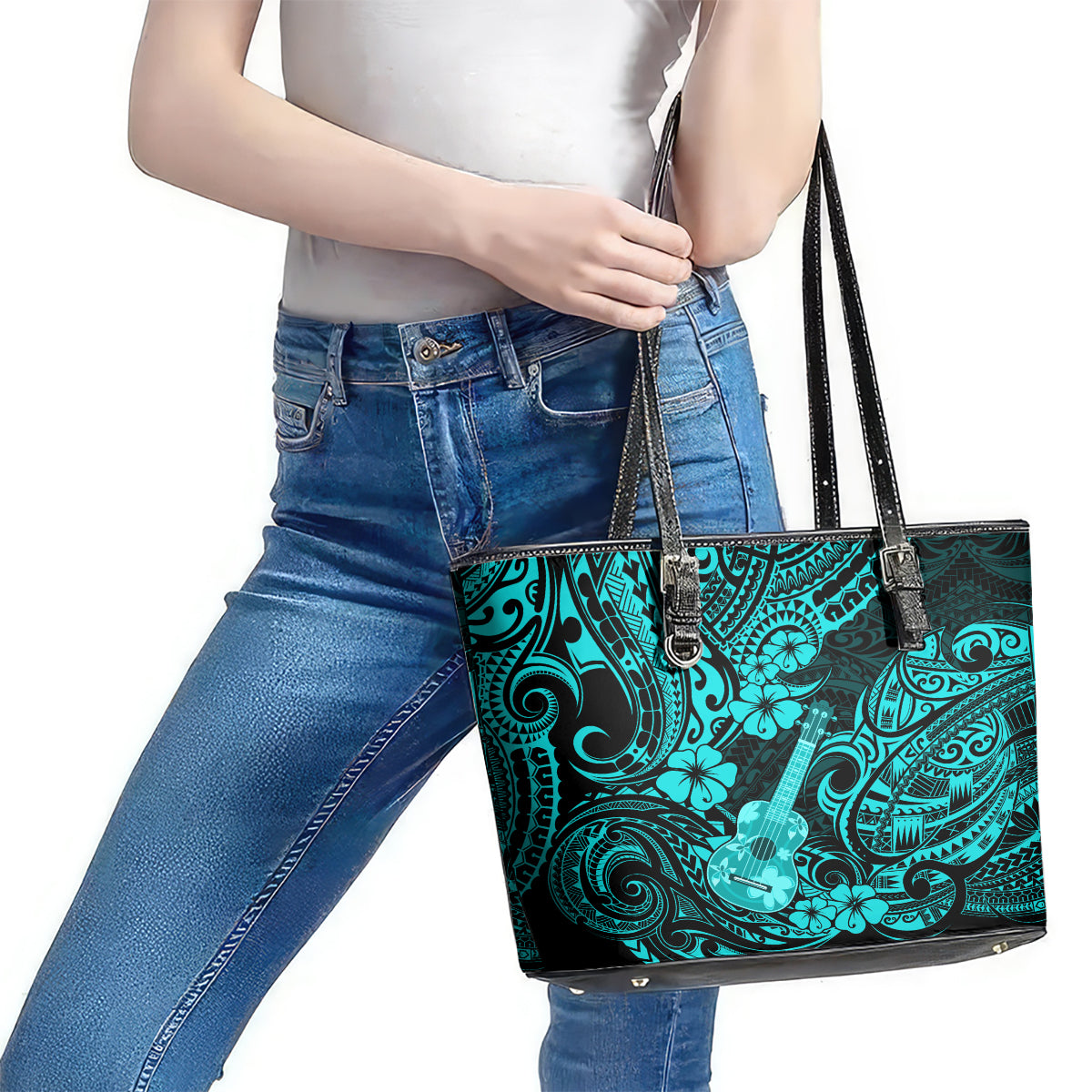 Hawaii Ukulele Leather Tote Bag Polynesian Pattern Turquoise Version LT01