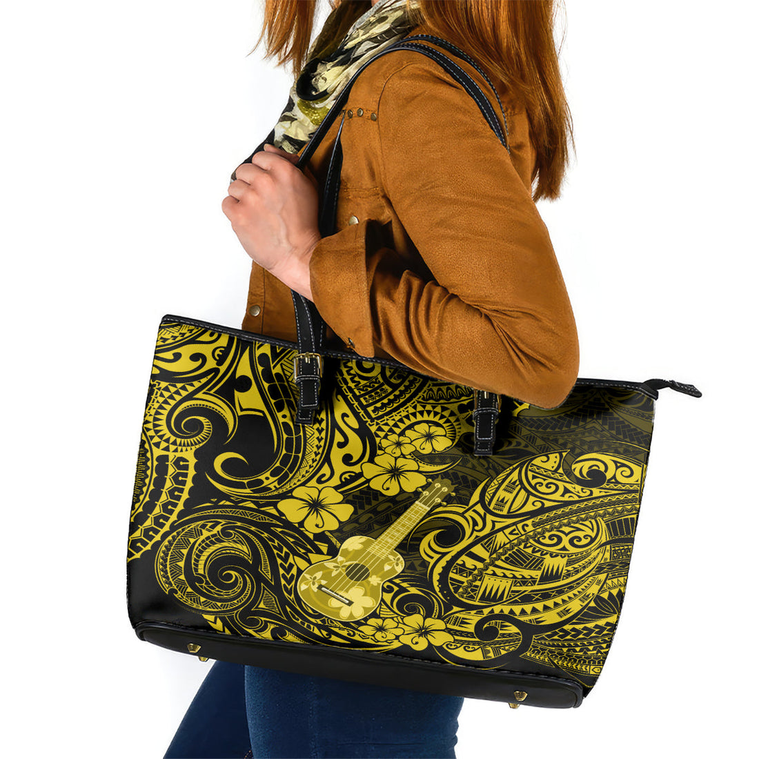 Hawaii Ukulele Leather Tote Bag Polynesian Pattern Yellow Version LT01