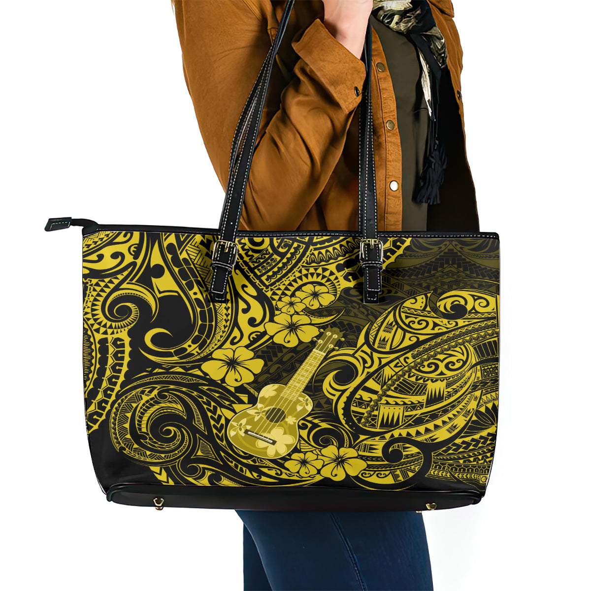 Hawaii Ukulele Leather Tote Bag Polynesian Pattern Yellow Version LT01