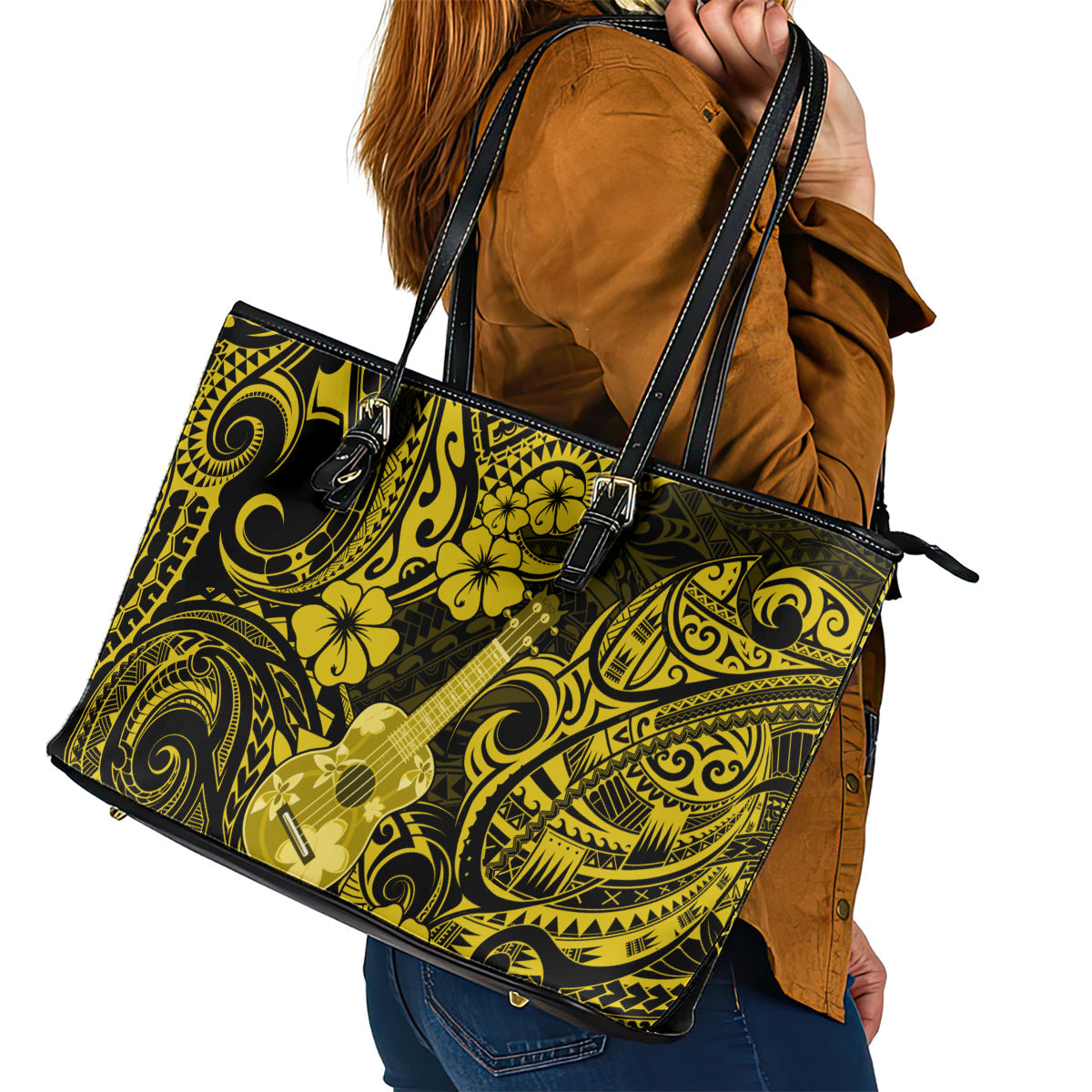 Hawaii Ukulele Leather Tote Bag Polynesian Pattern Yellow Version LT01
