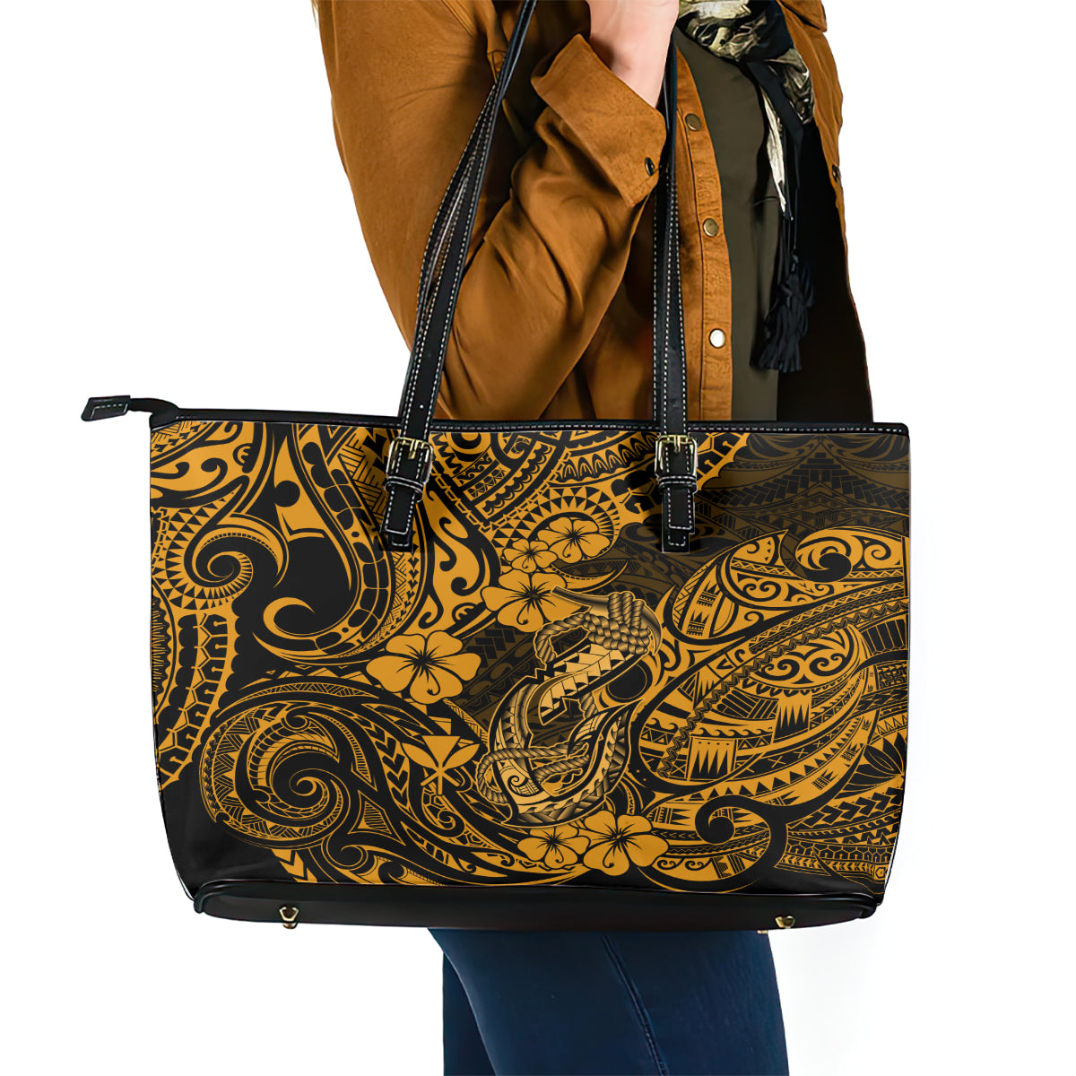 Hawaii Fish Hook Leather Tote Bag Polynesian Pattern Gold Version LT01
