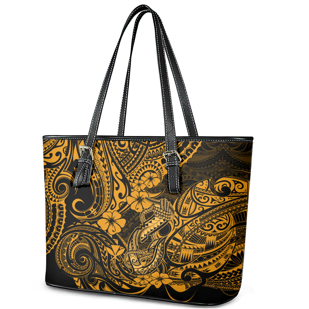 Hawaii Fish Hook Leather Tote Bag Polynesian Pattern Gold Version LT01