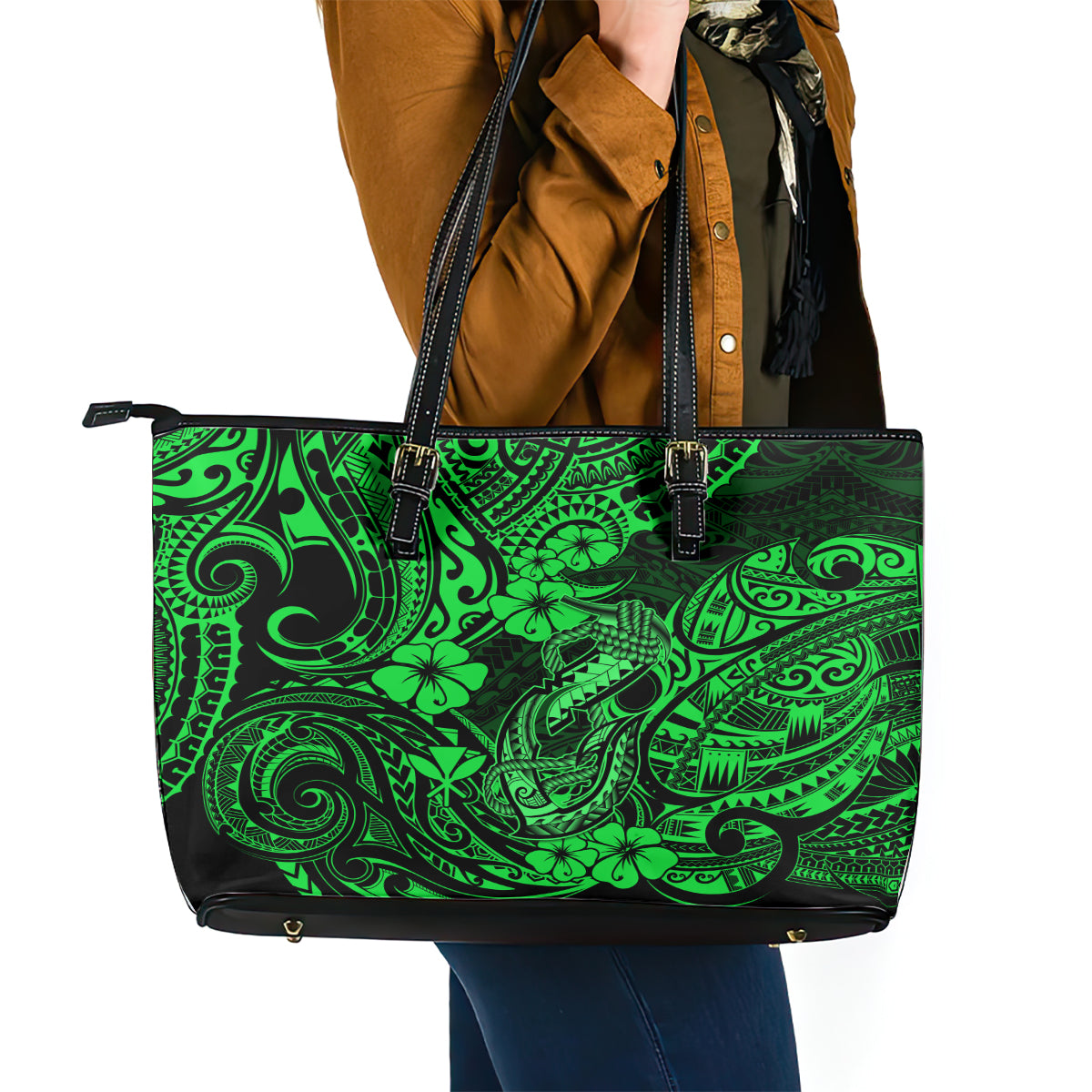 Hawaii Fish Hook Leather Tote Bag Polynesian Pattern Green Version LT01