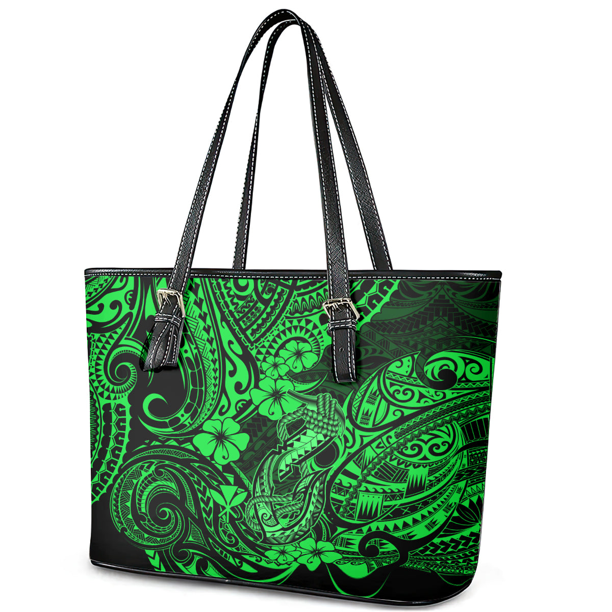 Hawaii Fish Hook Leather Tote Bag Polynesian Pattern Green Version LT01