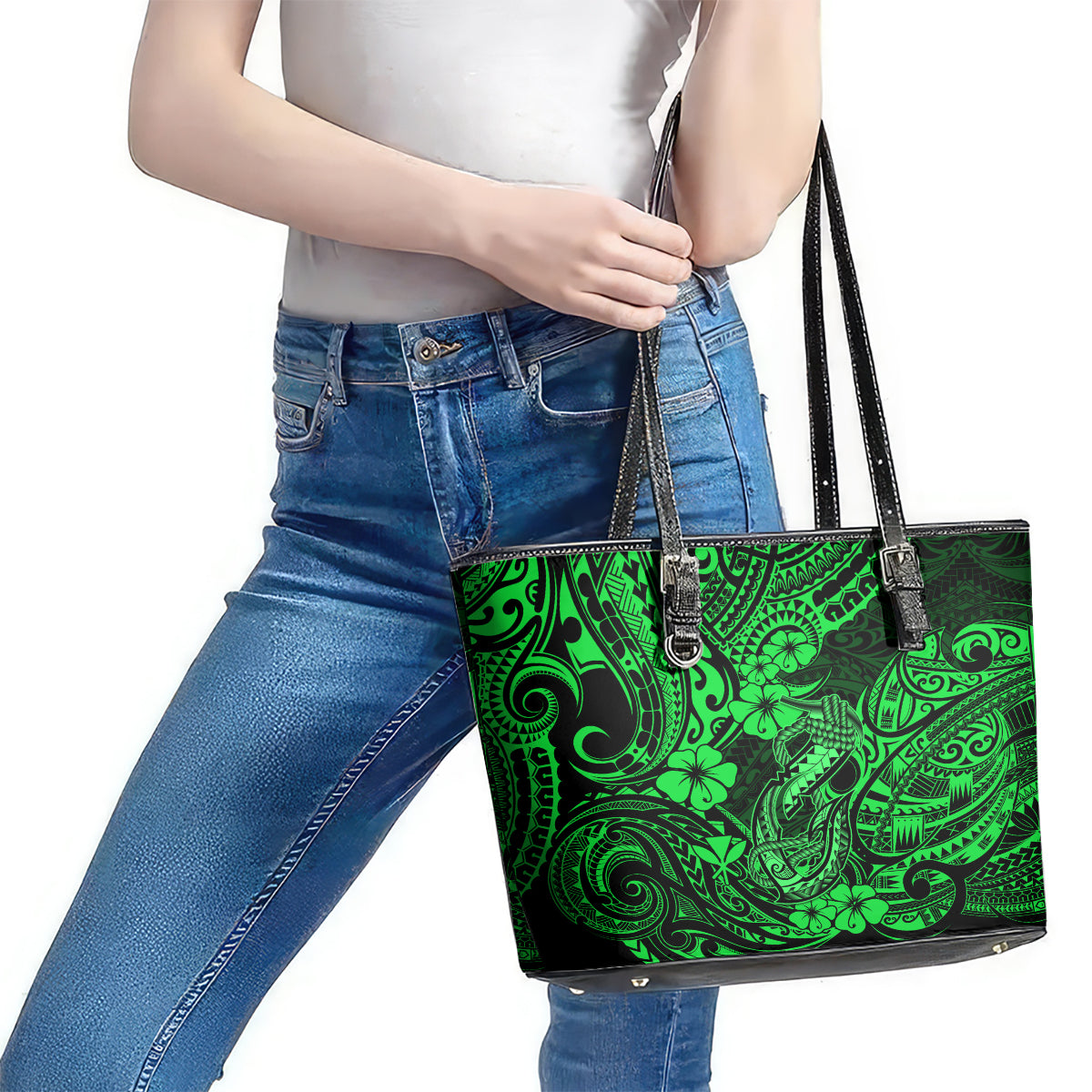 Hawaii Fish Hook Leather Tote Bag Polynesian Pattern Green Version LT01