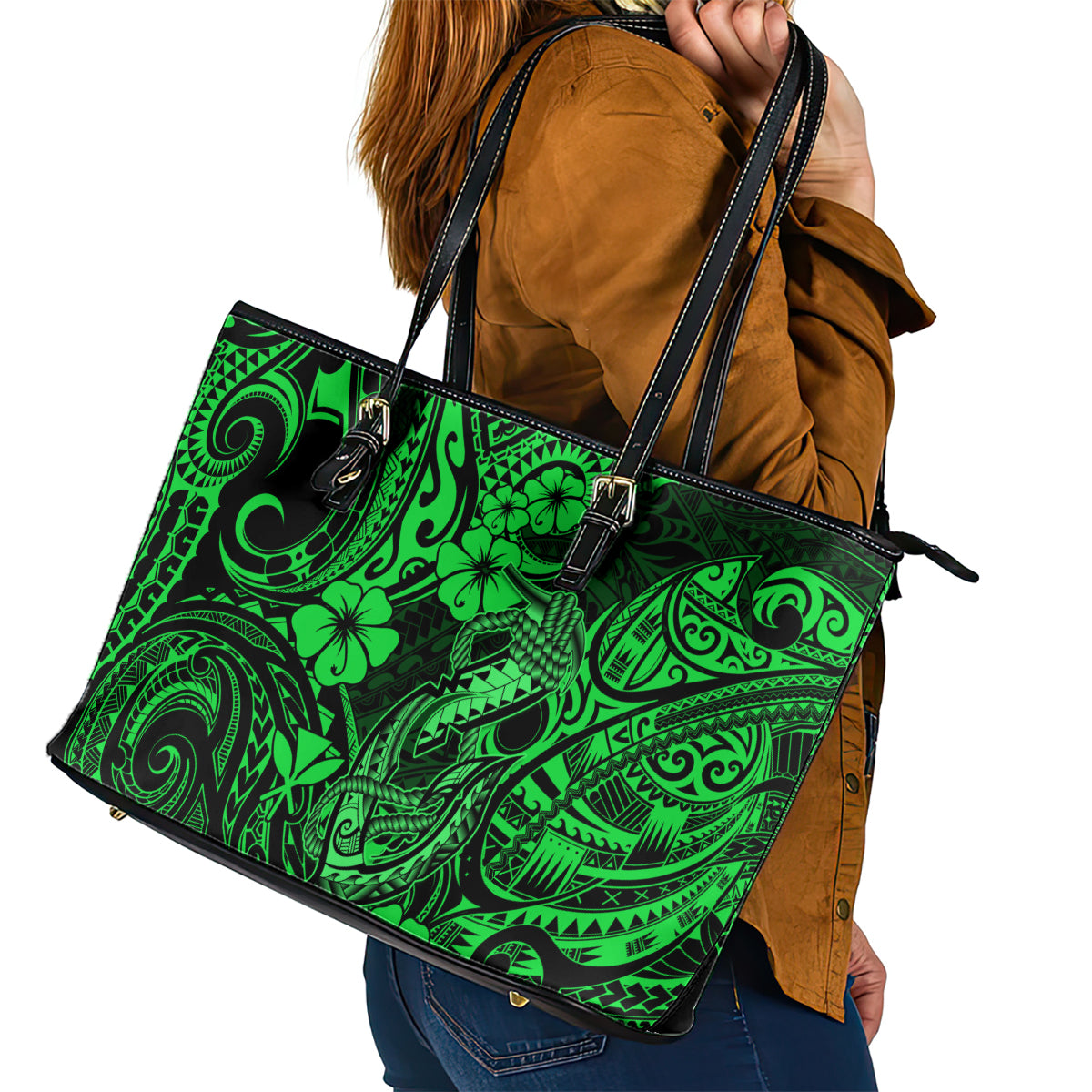 Hawaii Fish Hook Leather Tote Bag Polynesian Pattern Green Version LT01