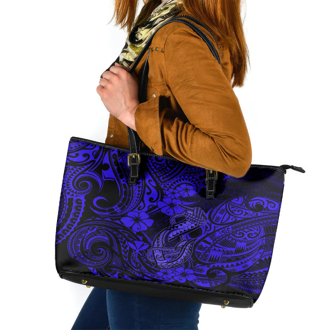 Hawaii Fish Hook Leather Tote Bag Polynesian Pattern Navy Blue Version LT01