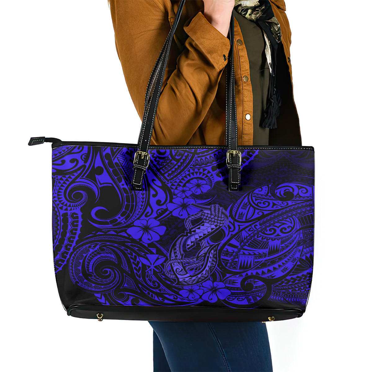 Hawaii Fish Hook Leather Tote Bag Polynesian Pattern Navy Blue Version LT01