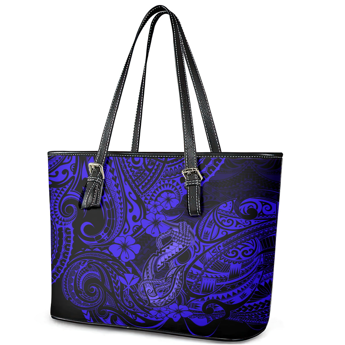 Hawaii Fish Hook Leather Tote Bag Polynesian Pattern Navy Blue Version LT01