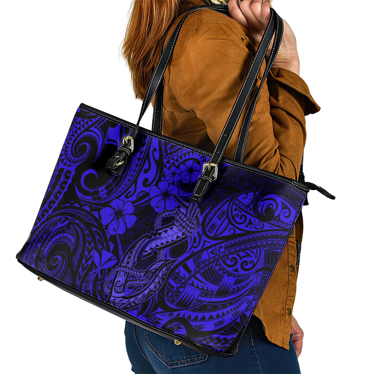 Hawaii Fish Hook Leather Tote Bag Polynesian Pattern Navy Blue Version LT01