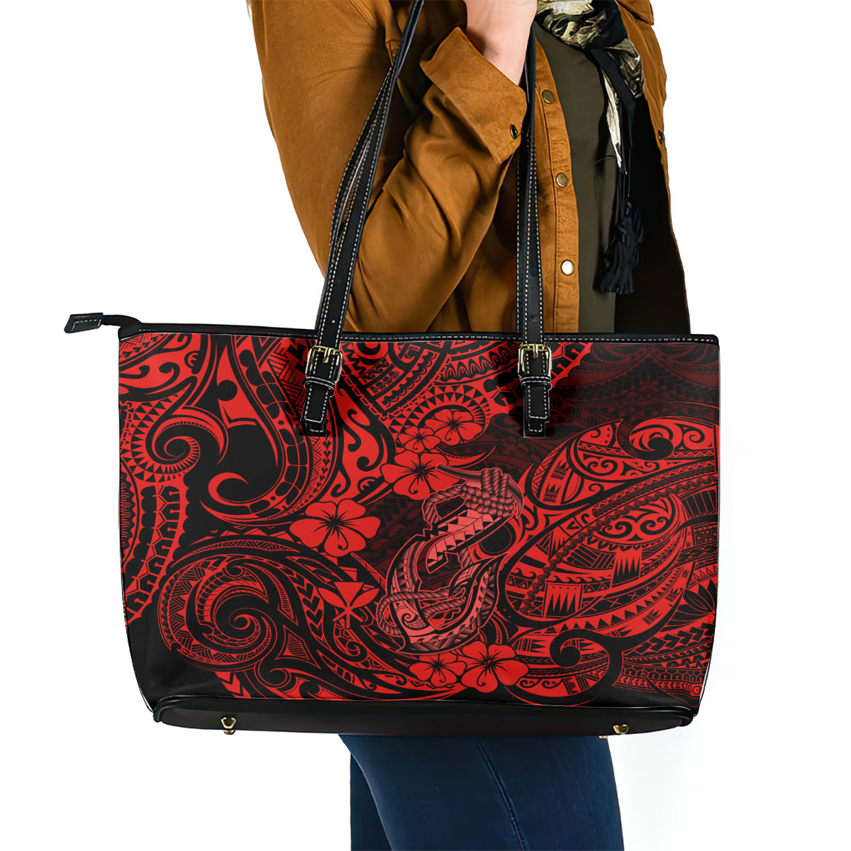 Hawaii Fish Hook Leather Tote Bag Hibiscus Hawaii Tribal Tattoo Red Version LT01