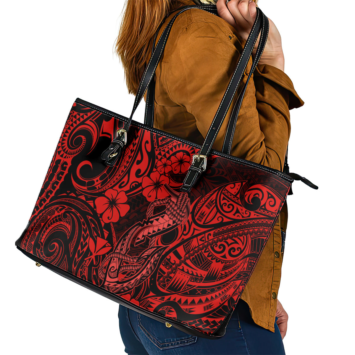 Hawaii Fish Hook Leather Tote Bag Hibiscus Hawaii Tribal Tattoo Red Version LT01