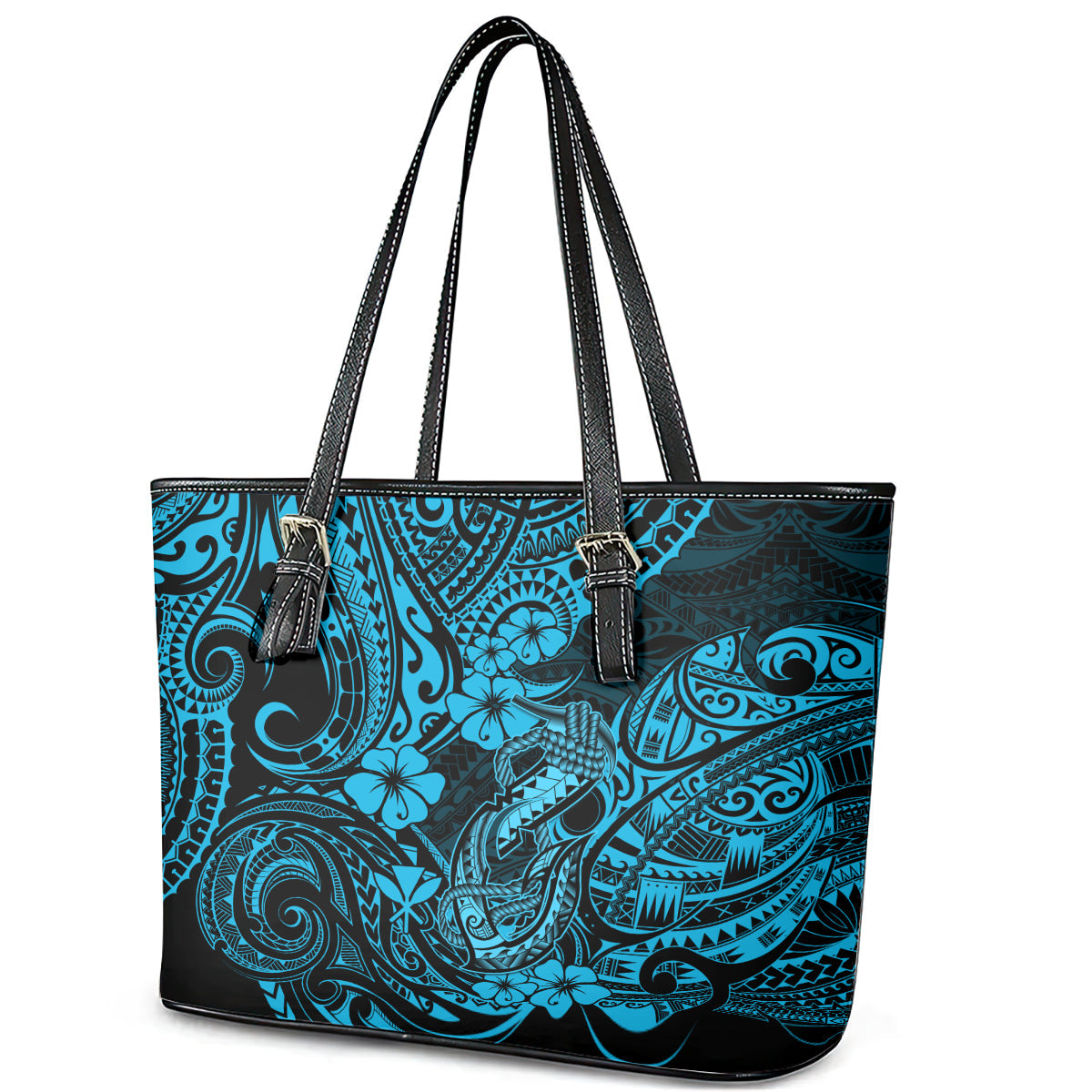 Hawaii Fish Hook Leather Tote Bag Hibiscus Hawaii Tribal Tattoo Sky Blue Version LT01