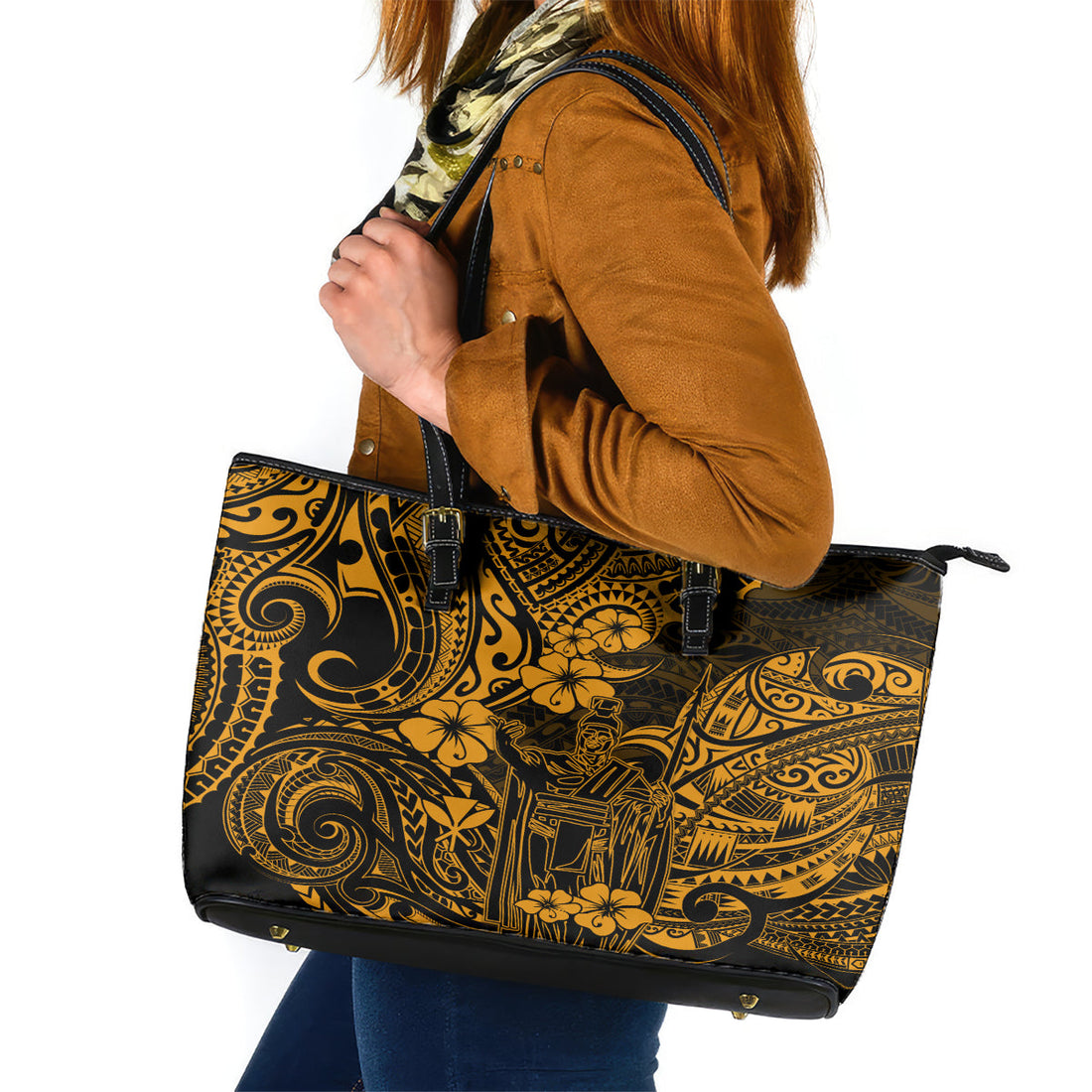 Hawaii King Kamehameha Leather Tote Bag Polynesian Pattern Gold Version LT01
