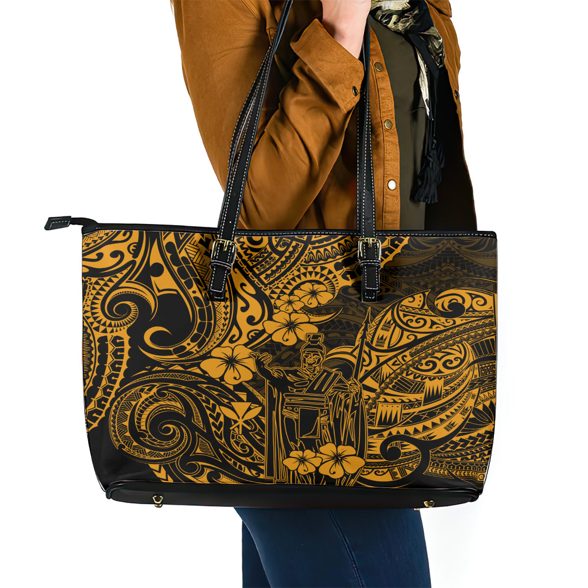 Hawaii King Kamehameha Leather Tote Bag Polynesian Pattern Gold Version LT01