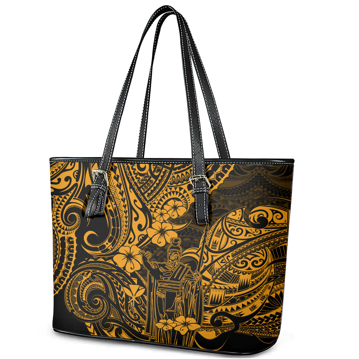 Hawaii King Kamehameha Leather Tote Bag Polynesian Pattern Gold Version LT01