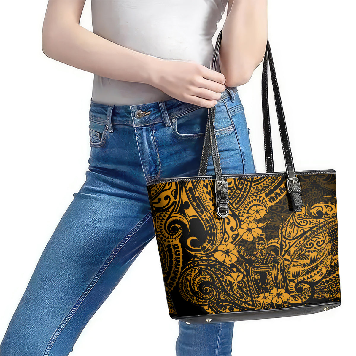 Hawaii King Kamehameha Leather Tote Bag Polynesian Pattern Gold Version LT01