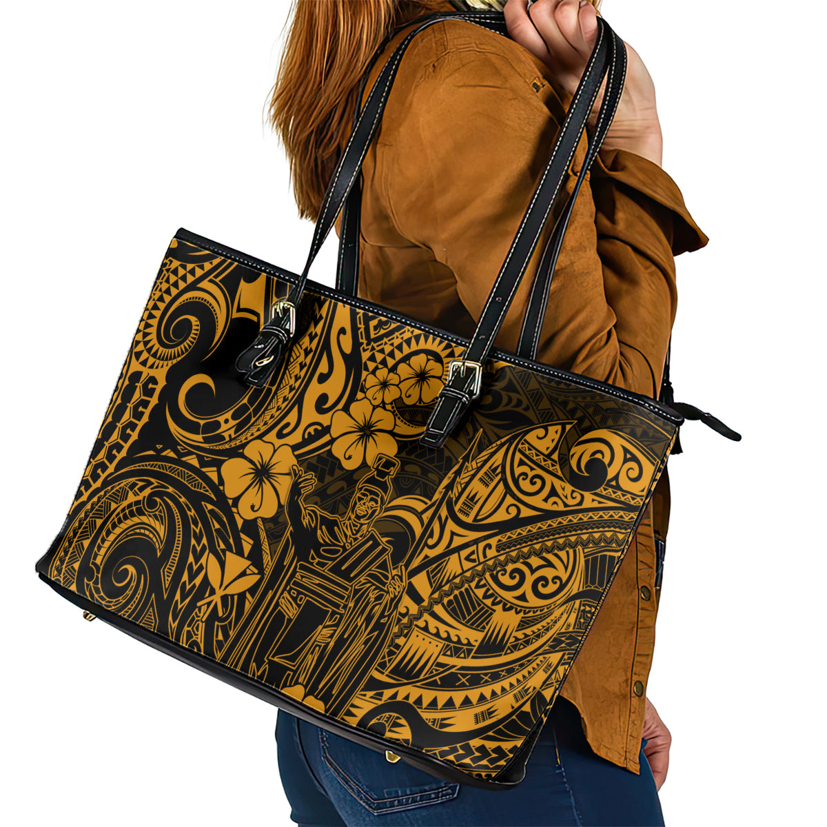 Hawaii King Kamehameha Leather Tote Bag Polynesian Pattern Gold Version LT01