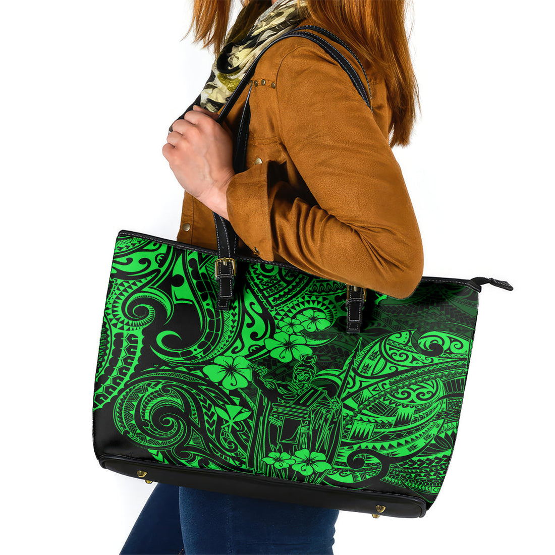 Hawaii King Kamehameha Leather Tote Bag Polynesian Pattern Green Version LT01