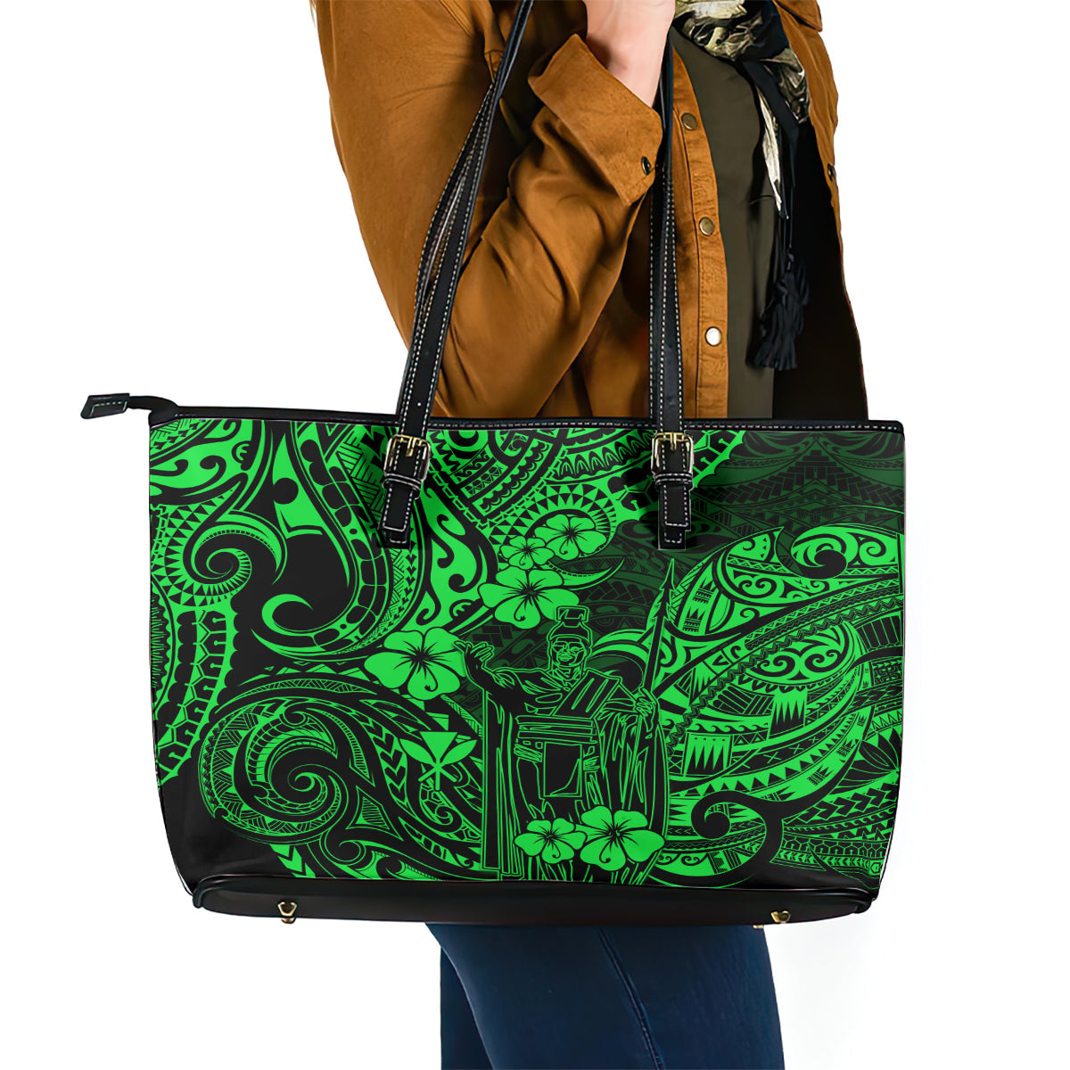 Hawaii King Kamehameha Leather Tote Bag Polynesian Pattern Green Version LT01