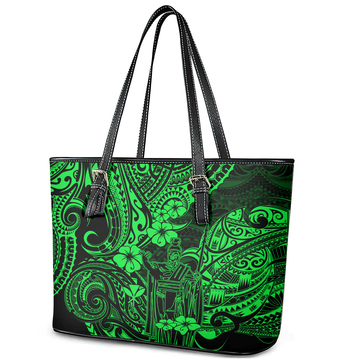 Hawaii King Kamehameha Leather Tote Bag Polynesian Pattern Green Version LT01