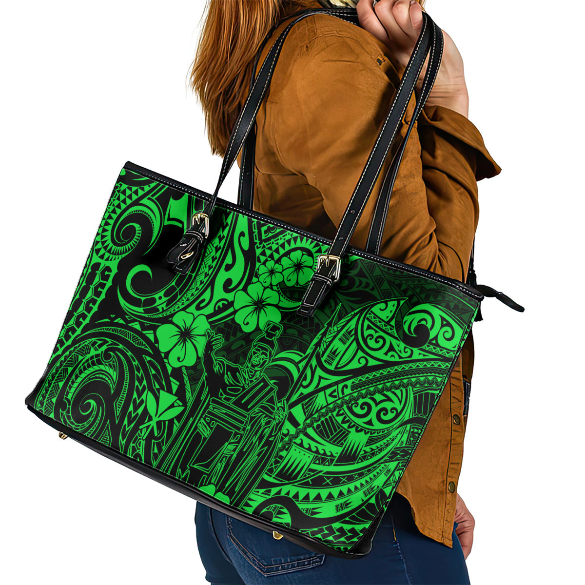 Hawaii King Kamehameha Leather Tote Bag Polynesian Pattern Green Version LT01
