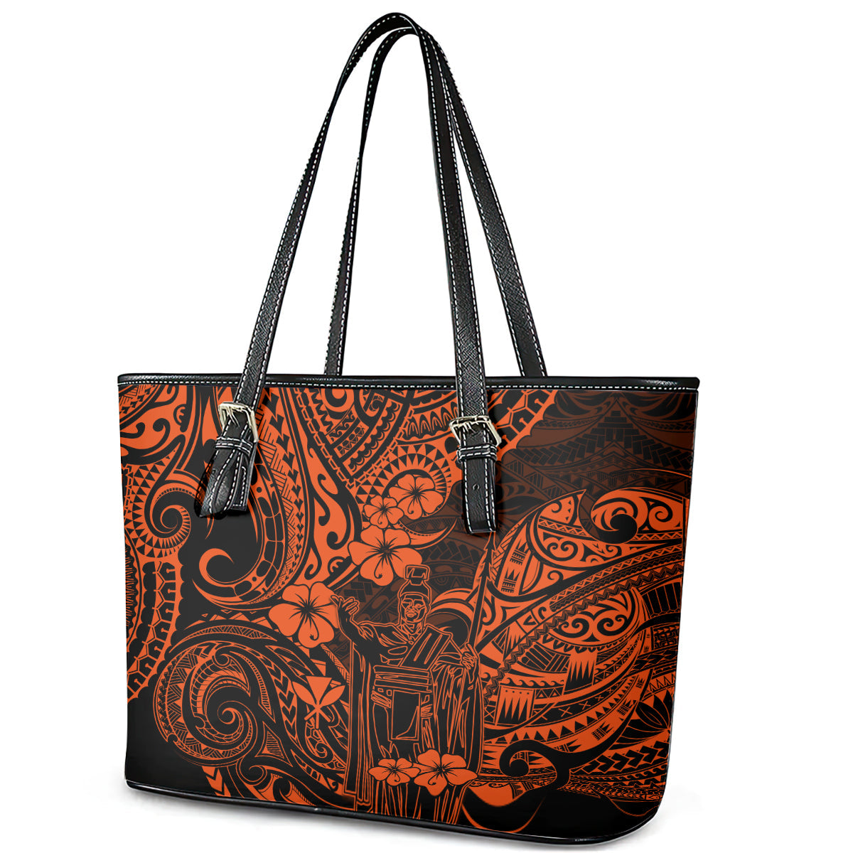 Hawaii King Kamehameha Leather Tote Bag Polynesian Pattern Orange Version LT01