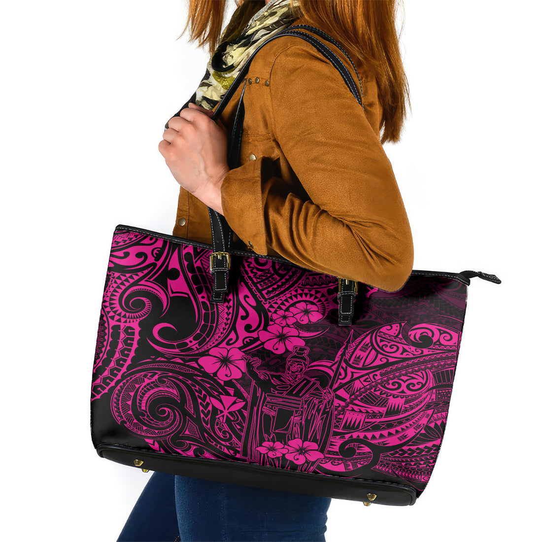 Hawaii King Kamehameha Leather Tote Bag Polynesian Pattern Pink Version LT01