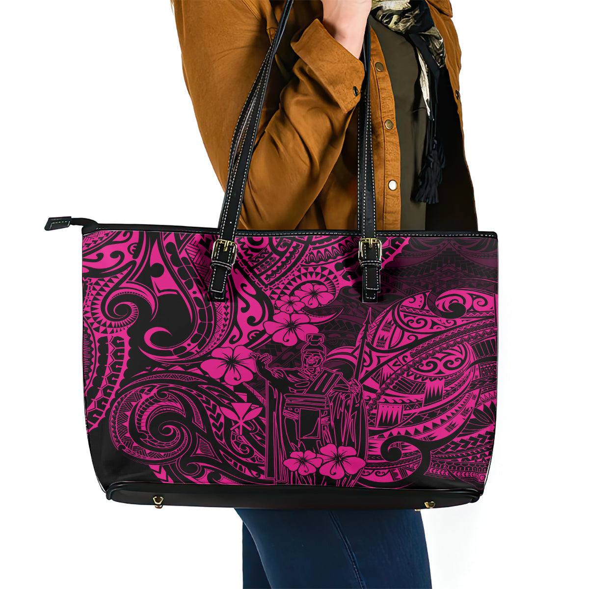 Hawaii King Kamehameha Leather Tote Bag Polynesian Pattern Pink Version LT01