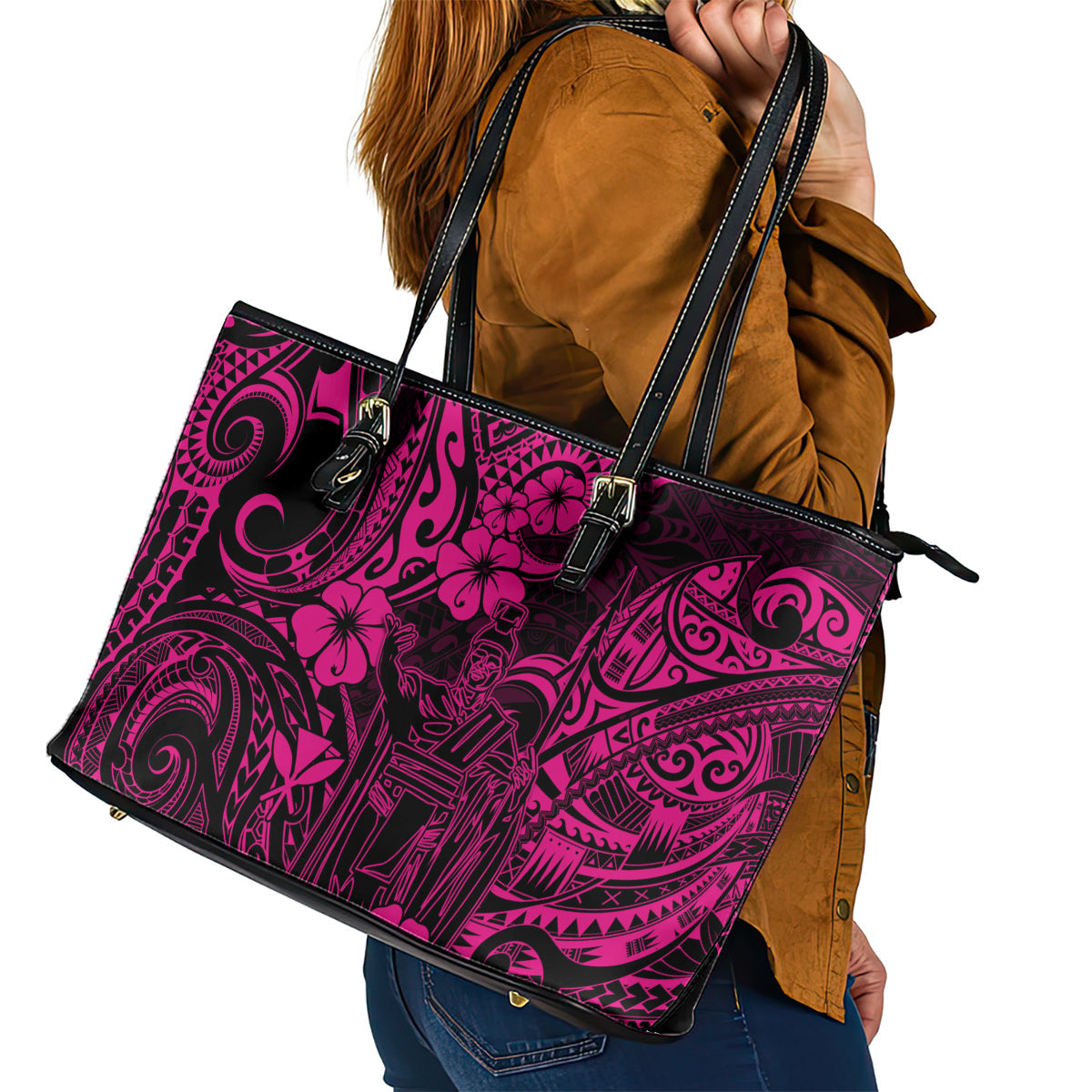 Hawaii King Kamehameha Leather Tote Bag Polynesian Pattern Pink Version LT01