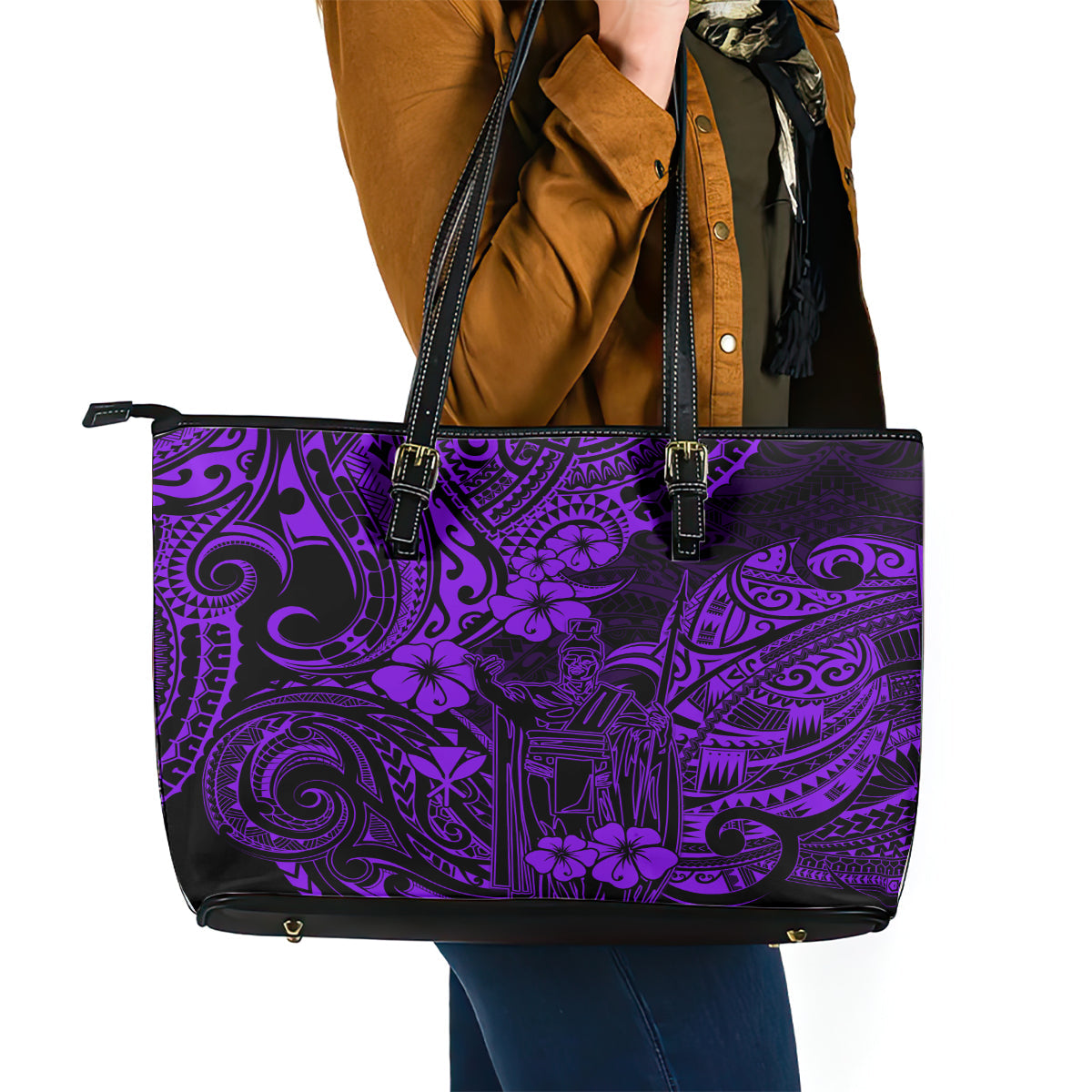 Hawaii King Kamehameha Leather Tote Bag Polynesian Pattern Purple Version LT01