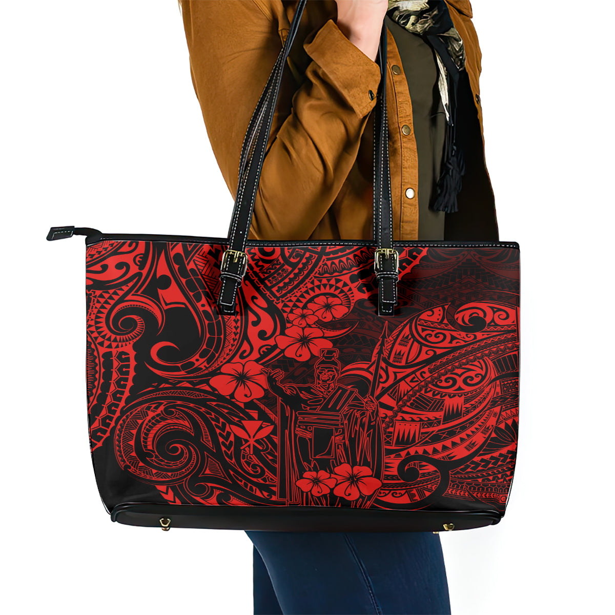 Hawaii King Kamehameha Leather Tote Bag Polynesian Pattern Red Version LT01