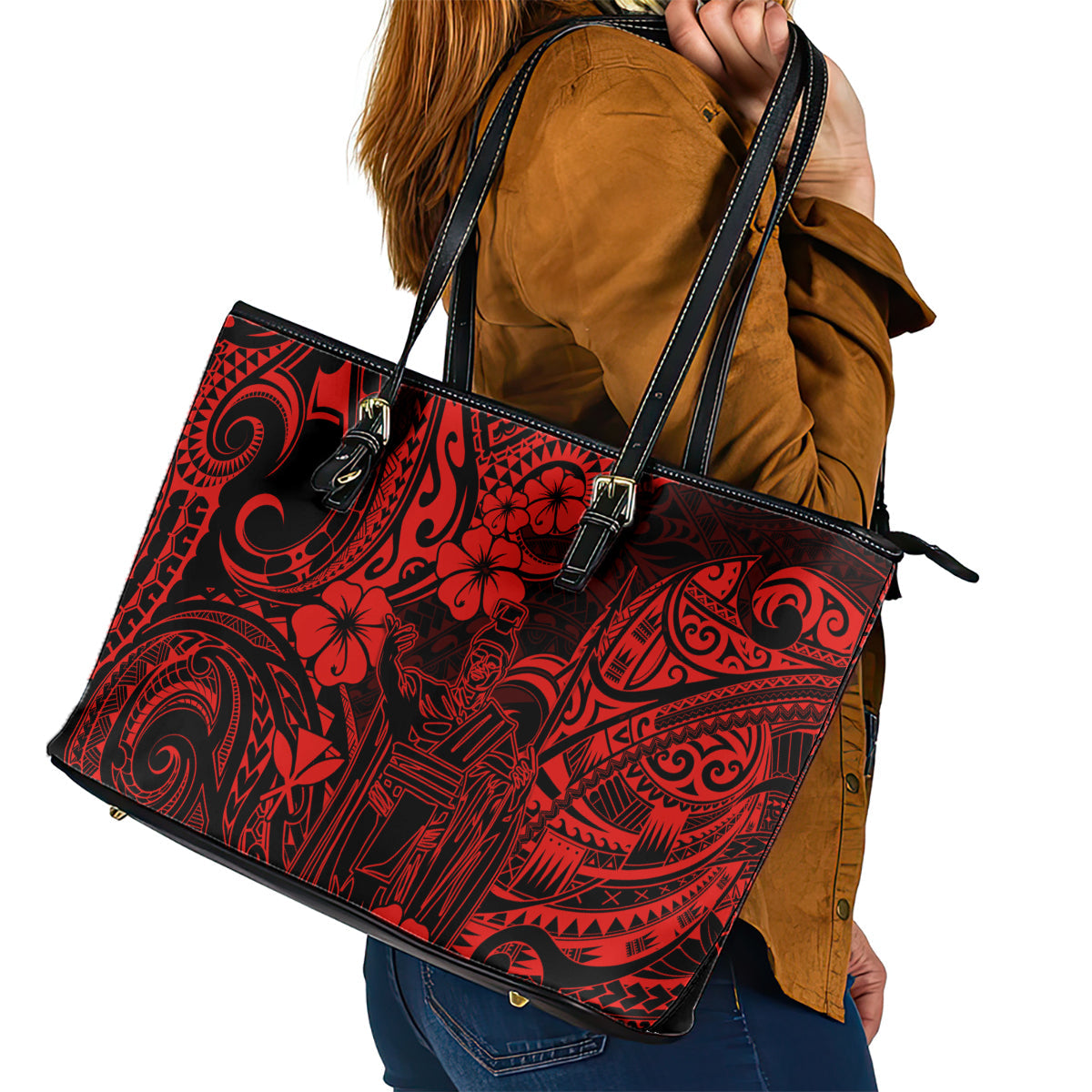 Hawaii King Kamehameha Leather Tote Bag Polynesian Pattern Red Version LT01