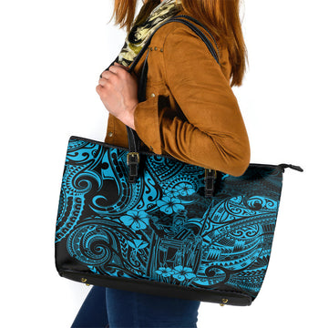 Hawaii King Kamehameha Leather Tote Bag Polynesian Pattern Sky Blue Version LT01